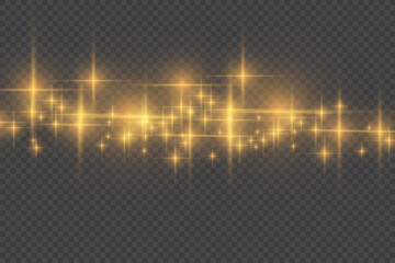 The dust sparks and golden stars shine with special light. Vector sparkles on a transparent background. Christmas light effect. Sparkling magical dust particles.