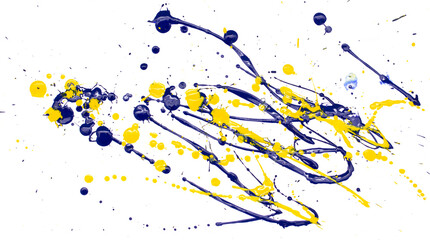 Drops of yellow and blue paint on a white paper background.