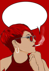 Cartoon Girl with red hair And cigarette,sunglasses with speech bubble to fill