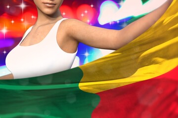 cute woman holds Benin flag in front on the party lights - flag concept 3d illustration