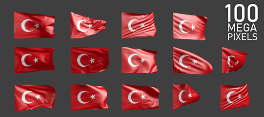 14 various realistic renders of Turkey flag isolated on grey background - 3D illustration of object