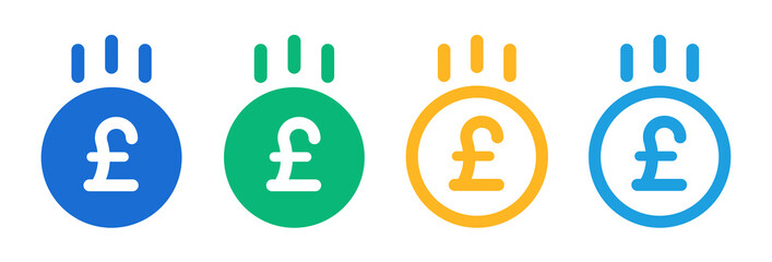Pound coins falling icon in colorful design. Income and saving symbol