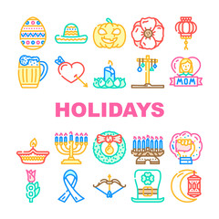 Holidays Celebration Accessories Icons Set Vector. Mother And 8th March International Women Day, Holi And Halloween, Christmas And Chinese New Year Celebrate Holidays Line. Color Illustrations