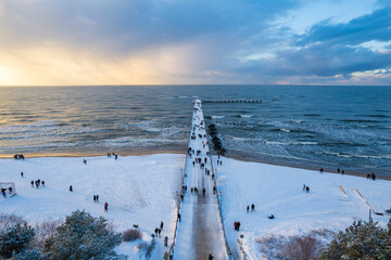 Aerial winter sunny frozen day view of snowy resort Palanga, Lithuania