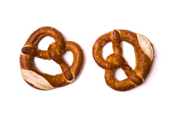 Pretzel top view on white background