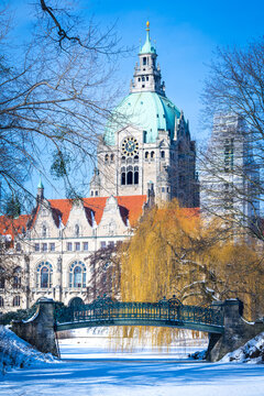 Neues Rathaus - New City Town Hall in snowy landscape in Hannover, Germany.