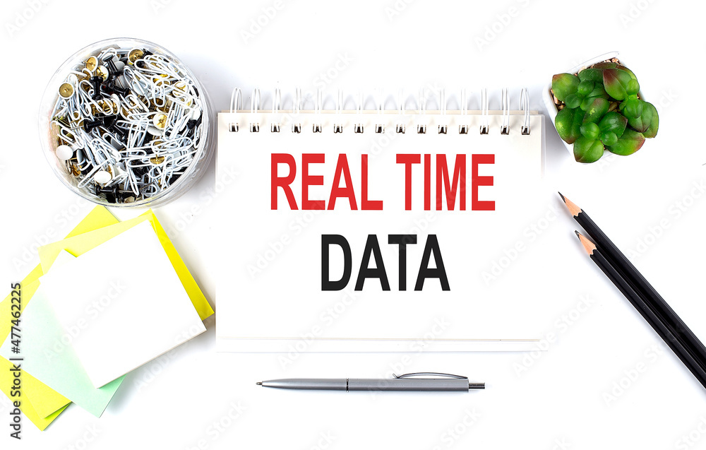 Poster real time data text on notebook with office supplies on white background