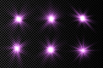 Purple glowing light star, violet burst sun rays.