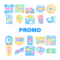Promo And Advertising Coupon Icons Set Vector. Qr Code On Sale Discount And Newsletter With Advertise Messenger, Promo Street Banner And Promotional Ribbon Line. Color Illustrations