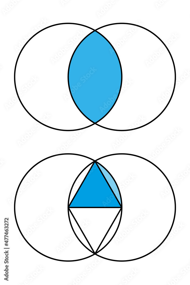 Poster vesica piscis, geometric figure. mathematical shape, formed by intersection of 2 disks with same rad