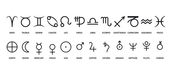 Symbols of astrological signs and planets. Frequently used symbols in astrology including signs of the zodiac, Earth, Sun, Moon, the planets and Chiron. Black and white illustration, English labeling.