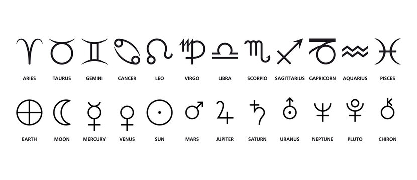 Symbols of astrological signs and planets. Frequently used symbols in astrology including signs of the zodiac, Earth, Sun, Moon, the planets and Chiron. Black and white illustration, English labeling.