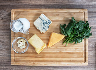 different food ingredients close-up in home kitchen interior.
