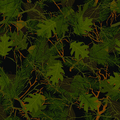 Forest camouflage. Tree branches, leaves, acorns, Christmas trees. Pattern for clothing, various products.