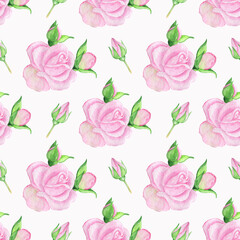Seamless watercolor pattern from rose and rose bud isolated on white background.Perfect for textile,fabrics.