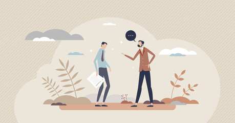 Reprimand after mistake or business problem situation tiny person concept. Boss yelling with aggressive attitude to employee or worker after blaming about errors vector illustration. Serious conflict.