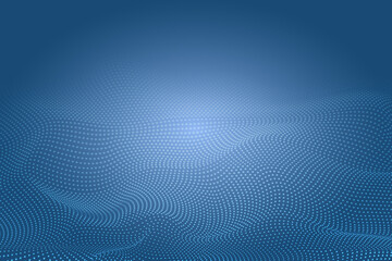 Abstract wave with blue moving dots. Particle stream. Cyber technology illustration. Large data stream. Light Tech Banner. Particle movement.