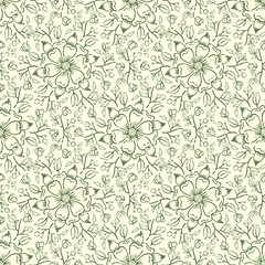 Fototapeta premium Medieval rose vector pattern seamless background. Intricate filigree lace style backdrop of hand drawn flower motifs. Grunge textured aged sage green cream white repeat. Botanical decorative design