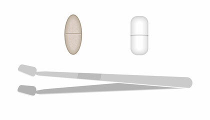 Vector set with metal tweezer and drugs . Medical instruments. Surgery, cosmetology. Medical forceps on a white background.