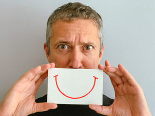 Middle aged man experiences different feelings. Concept of mental disorder. Male is hiding is...