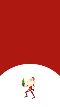 4k vertical video of cartoon santa claus with little christmas tree on white and red background.