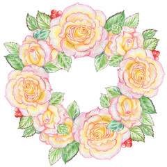 Hand drawn watercolor illustration.Decorative gentle roses wreath.For greeting card,invitation.