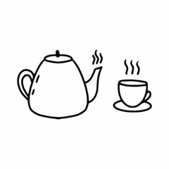 Cute teapot and mug. Doodle illustration. Tea drinking and ceremony.