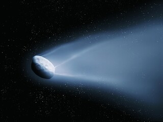 Tail and nucleus of a comet. Bright comet flies in space against the background of stars 3d illustration.