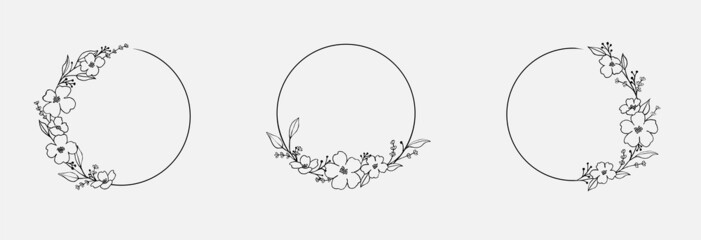 Fototapeta na wymiar Beautiful wreath with flowers, foliage and twigs with berries. Floral frame with linear leaves and black berries. Vector template with elegant flourishes ornament elements.