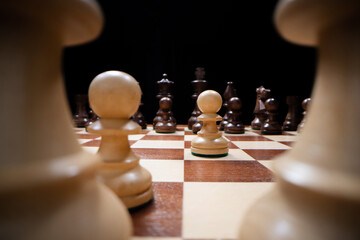 Close-Up Of Chess Pieces On Board, wooden chess, chess contest