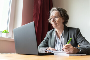 senior old woman female sit desk, home office online notebook laptop work distance freelancer write pen, take notes