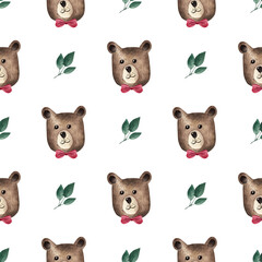 Cute bear. Watercolor background. Seamless pattern on a white background.