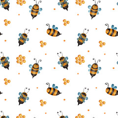 Lovely bees. Watercolor background. Seamless pattern on a white background.