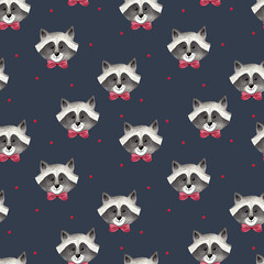 Cute raccoon. Watercolor pattern. Seamless pattern on a dark background.