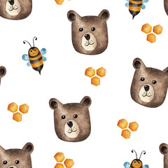Cute bear with bees. Watercolor pattern. Cute textures for baby textiles, fabric design, wrapping,...