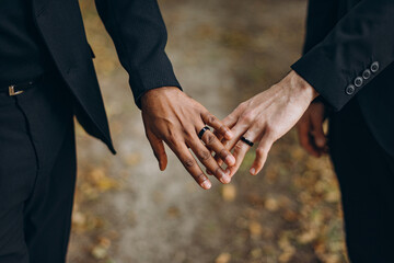 European Gay Couple holding hands, homosexual marriage wedding day. Gentle touch of a same sex...
