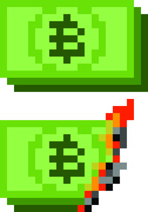 Set of normal and burning pixel 8 bit bitcoin money - vector, isolated