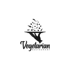 waiter Hand holding a tray with some vegetables, restaurant logo design