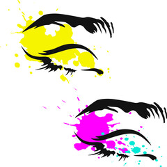 Vector sketch of closed eyes and brows and blots with splashes. Black , pink, yellow colors. Elements for design card, poster, invitation , flyer about creative make up, eyelash extension, arts.