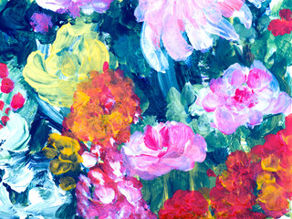 Red and pink abstract flowers, art painting, creative hand painted background, brush texture, acrylic painting.