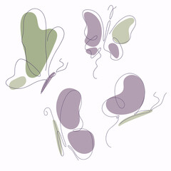 Set of butterfly logos in a minimalist one line drawing style. Vector icons of butterfly for logo, card, banner, poster flyer. Abstraction of butterflies in a continuous one-line art style drawing 