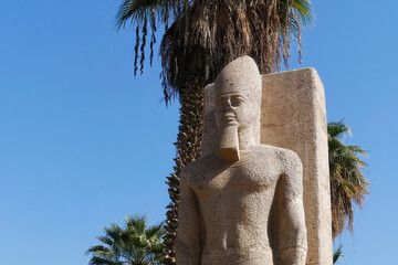 Close-up shot of as Statue of Pharaoh Ramses II. placed in Memphis, Egypt