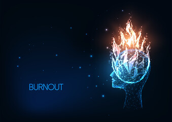 Futuristic burnout, stress concept with glowing low polygonal human head and fire isolated on dark blue
