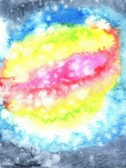 watercolor abstract background of blue yellow and red sky with smooth streaks. Hand drawn Northern lights