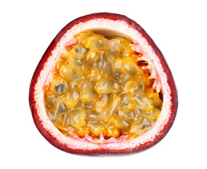 Passion fruit isolated on white background. Slice of passionfruit or maracuya, exotic fruit. Clipping path. Top view.