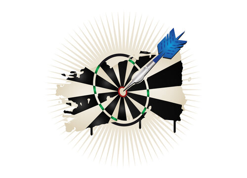strahlende Dartscheibe mit blauen Dartpfeil