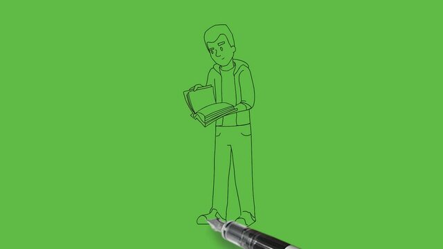 Draw standing young boy wearing white t-shirt, blue trouser and brown shoes hold red notebook in his hands on abstract green background
