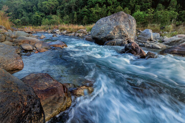 Reshi River water flowing on rocks at morning, Sikkim, India. Himalayan river, India.
