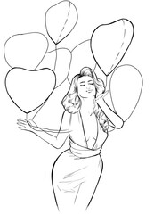 A woman in a red dress holds red balloons in the shape of hearts in her hands. A girl with lush wavy blonde hair blows a kiss. Illustration