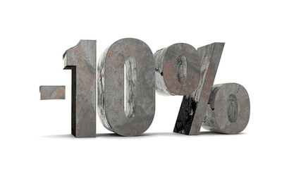 Rusty steel 10 percent discount sale promotion. Metal 10% discount isolated on white background. Vintage ten percent off letters, discount sign